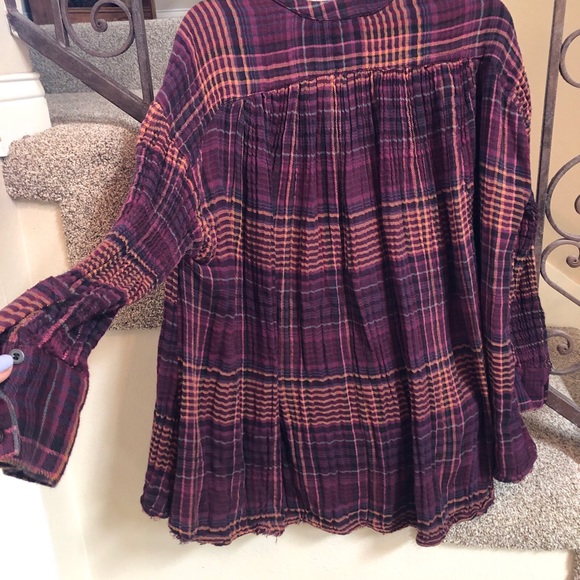 Free People Lightweight Plaid Top Double Cloth Swing OversizedBurgandy M $108 - Picture 7 of 7